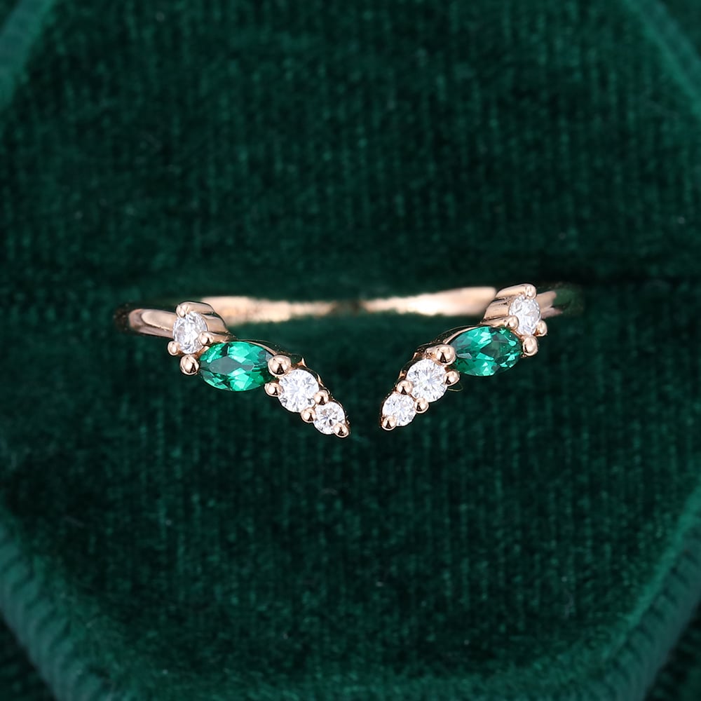 Emerald & Diamond Cluster Curved Open Wedding Band