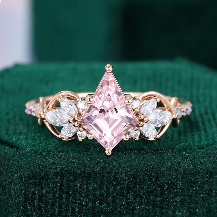 Kite Cut Pink Sapphire Cluster Engagement Ring with Alternating Opal & Diamond Pave Band