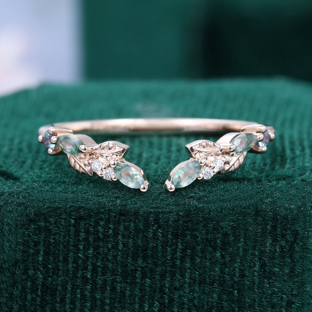 Leaf Design Moss Agate Open Curved Wedding Band