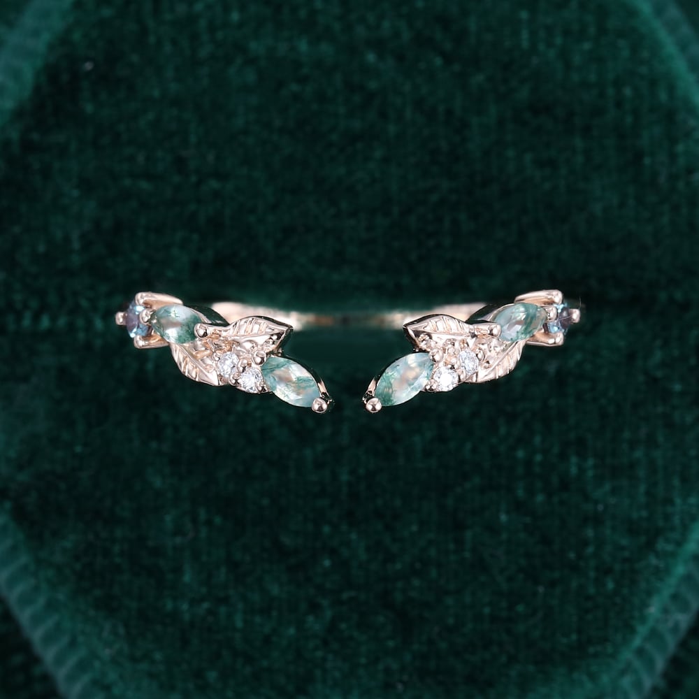 Leaf Design Moss Agate Open Curved Wedding Band