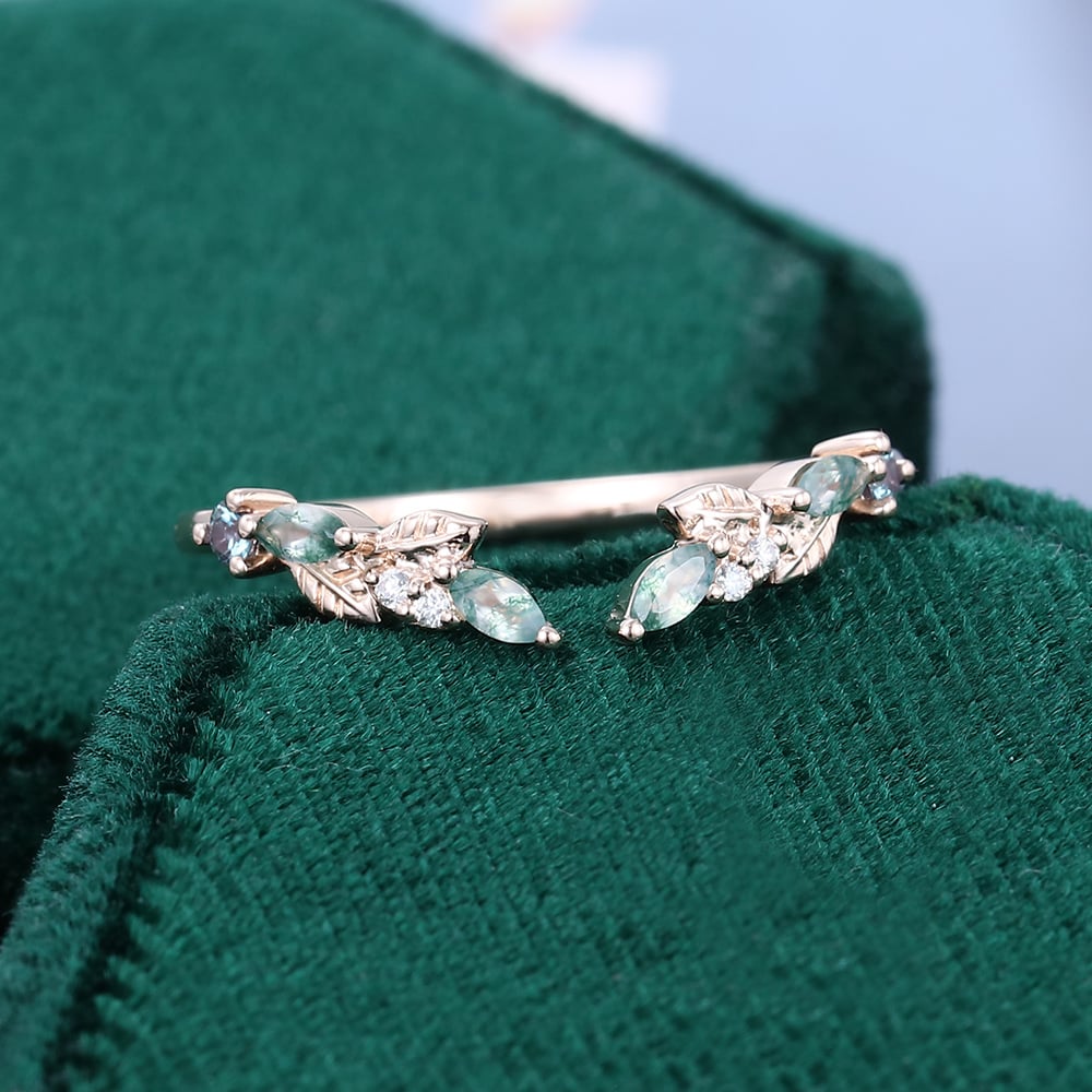 Leaf Design Moss Agate Open Curved Wedding Band