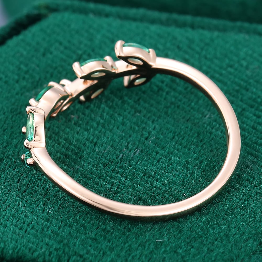 Marquise Cut Emerald Leaf Ring Curved Wedding Band