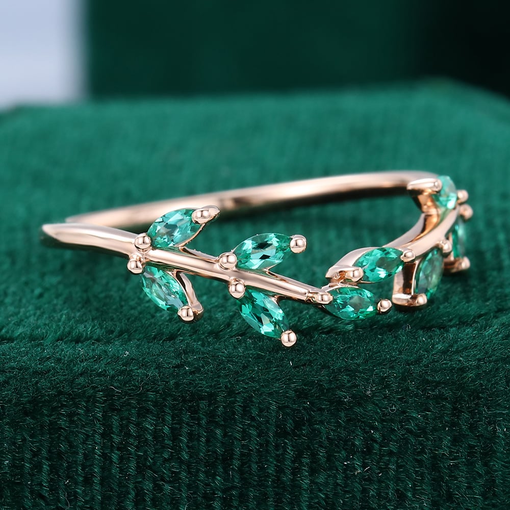 Marquise Cut Emerald Leaf Ring Curved Wedding Band