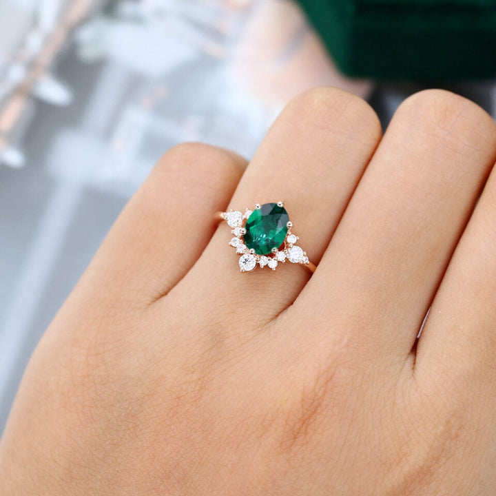 Oval Cut Lab Emerald Bottom Cluster Engagement Ring