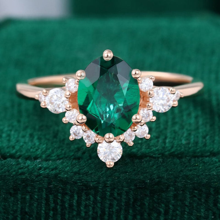 Oval Cut Lab Emerald Bottom Cluster Engagement Ring