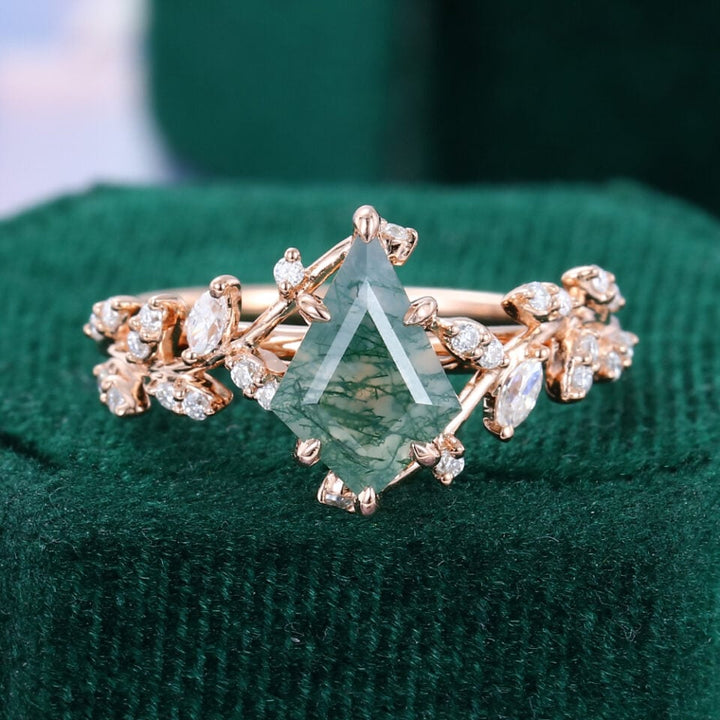 TwigGlow Kite Cut Moss Agate Nature Themed Engagement Ring