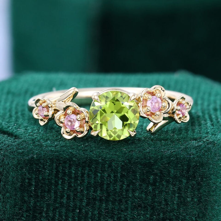 Round Cut Peridot Cherry Blossom Engagement Ring Floral Inspired Promise Ring