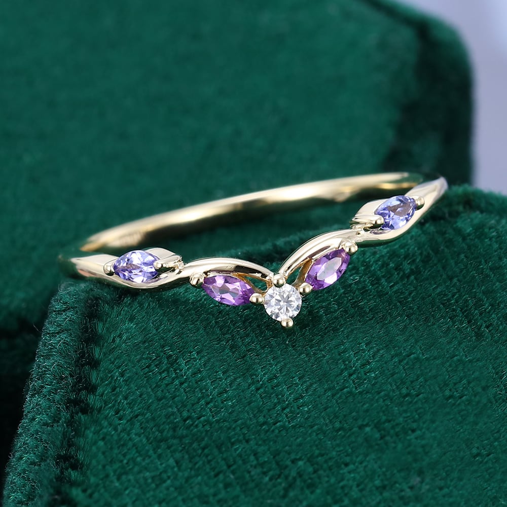 Lavender Tones Tanzanite & Amethyst Seagull Arc Curved Wedding Band