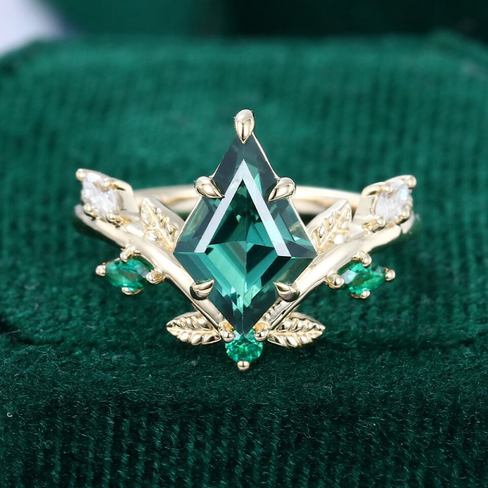Kite Cut Lab Green Sapphire Engagement Ring V Contour Ring