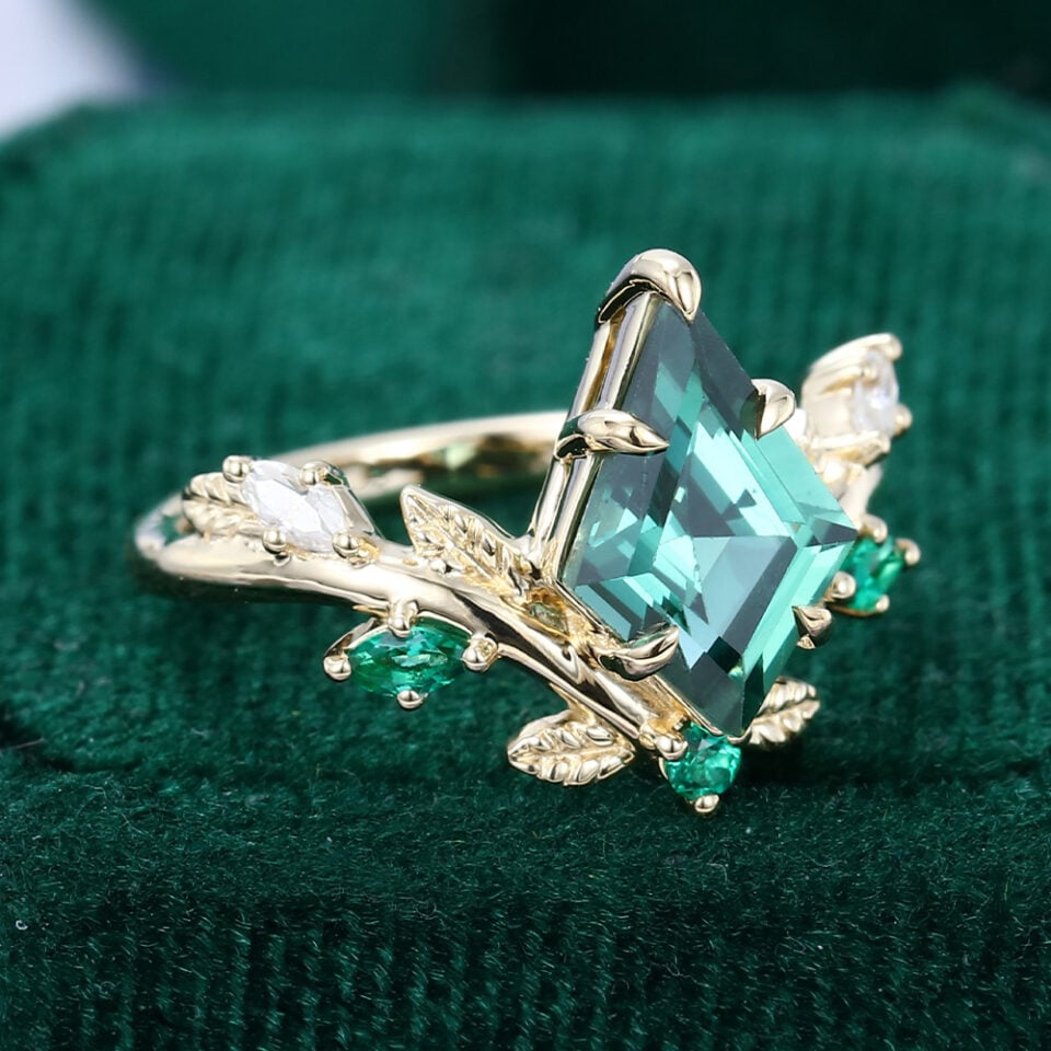 Kite Cut Lab Green Sapphire Engagement Ring V Contour Ring