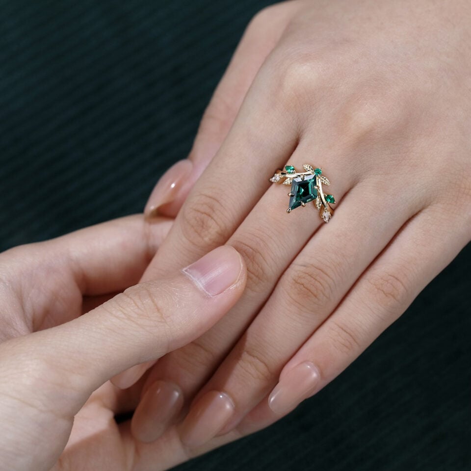 Kite Cut Lab Green Sapphire Engagement Ring V Contour Ring