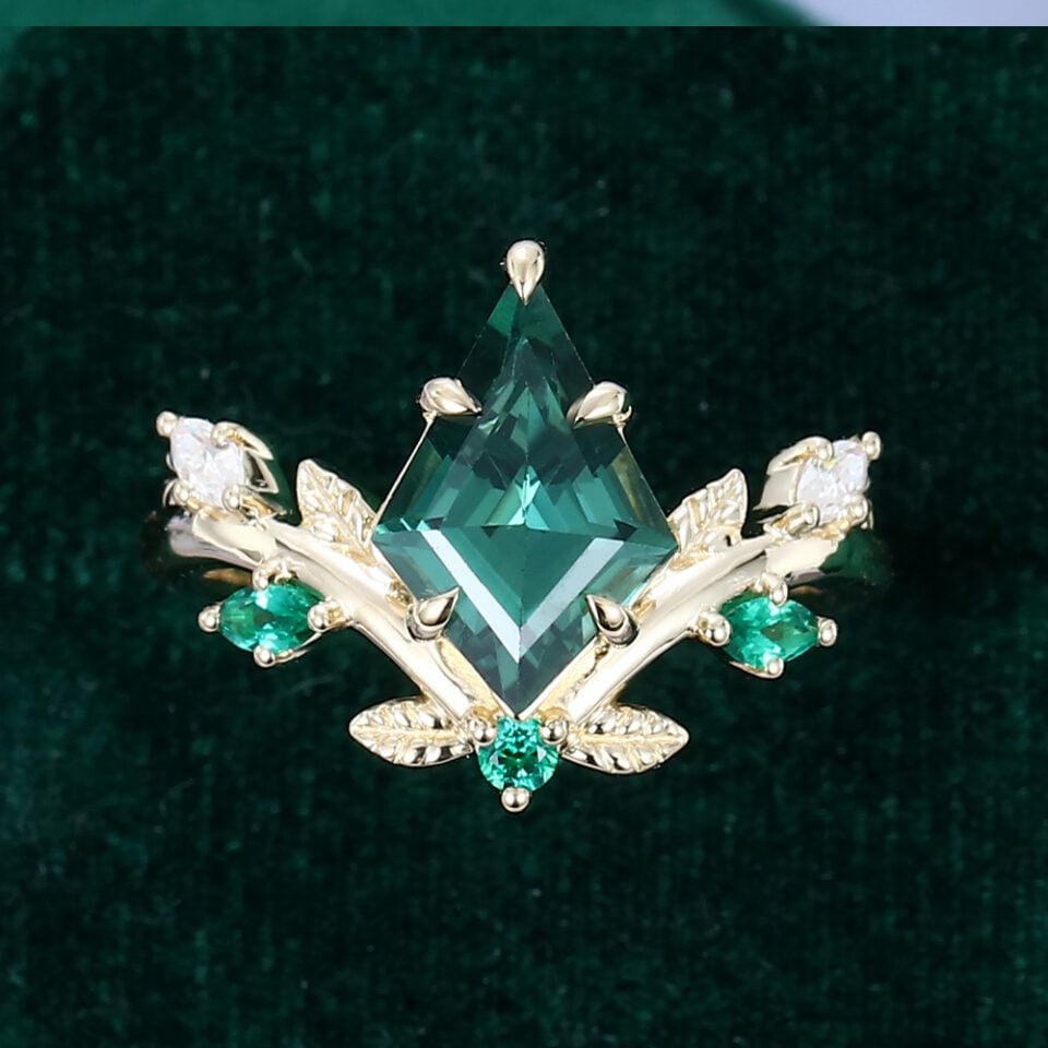 Kite Cut Lab Green Sapphire Engagement Ring V Contour Ring