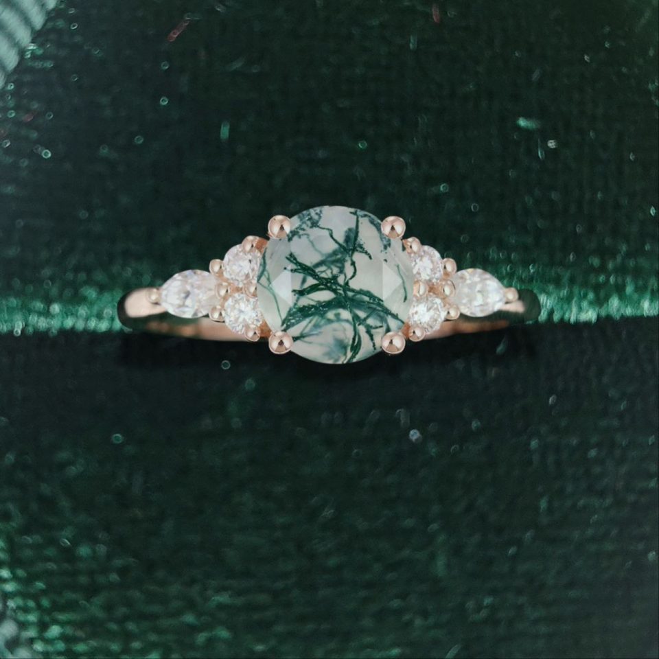 Round Cut Moss Agate Engagement and Promise Ring with Moissanite Accents (1)