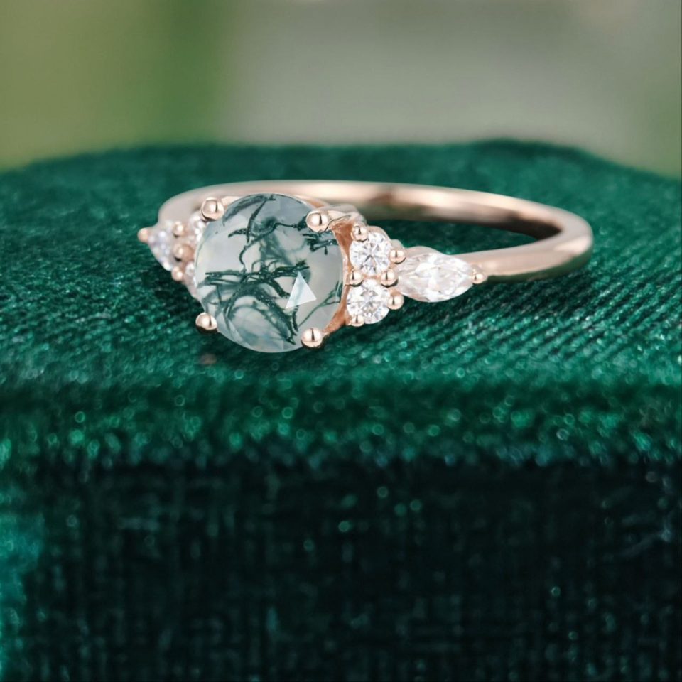Round Cut Moss Agate Engagement and Promise Ring with Moissanite Accents (2)