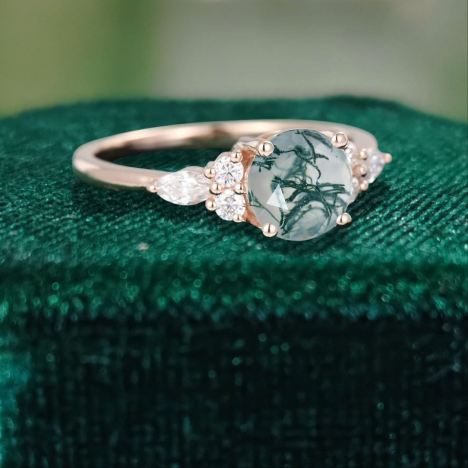 Round Cut Moss Agate Engagement and Promise Ring with Moissanite Accents (3)