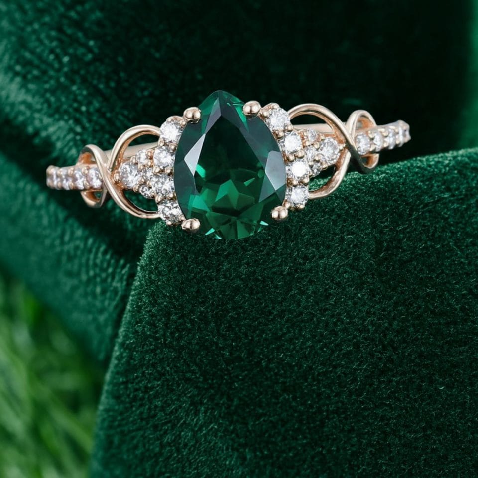 1 Carat Pear Cut Emerald Infinity Pavé Diamond Engagement Ring (6)