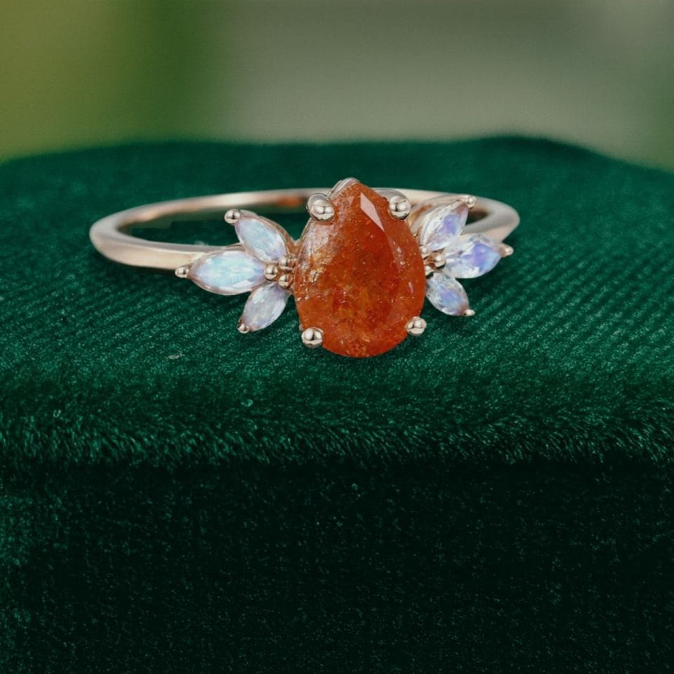 14K Rose Gold Engagement Ring Featuring Pear Shaped Sunstone and Moonstone (3)