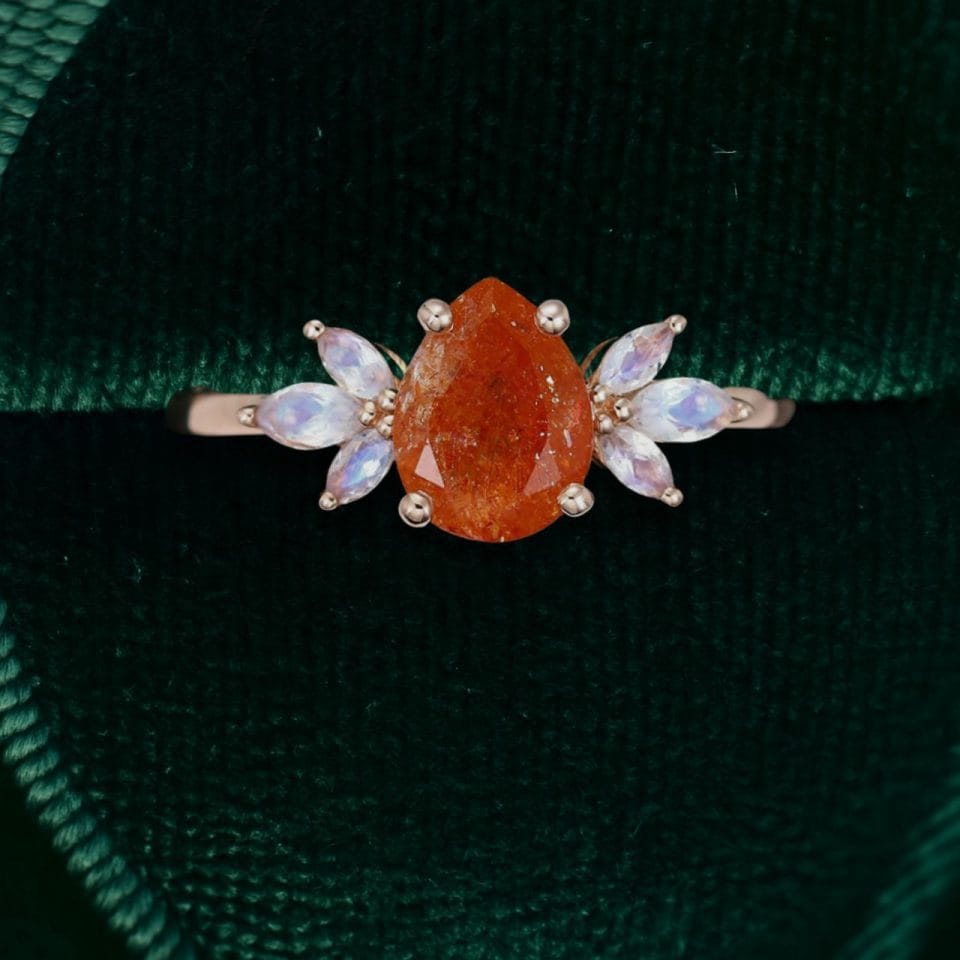 14K Rose Gold Engagement Ring Featuring Pear Shaped Sunstone and Moonstone (4)
