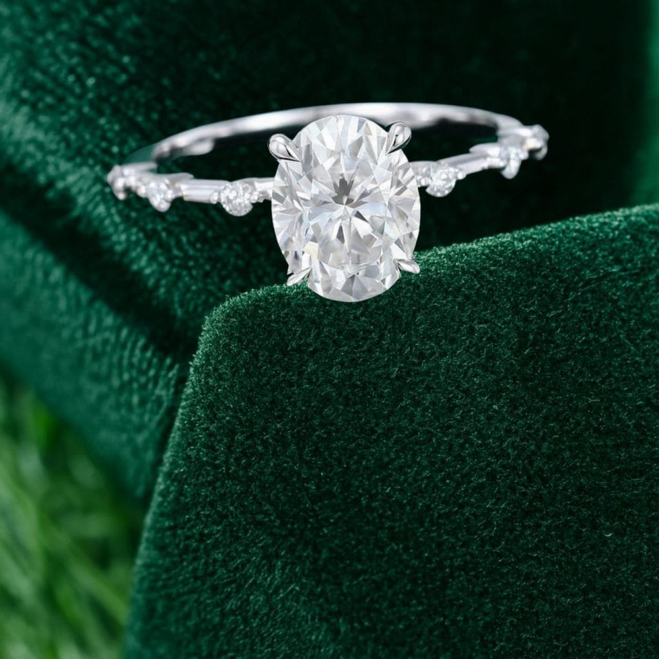 2 CT Oval Cut Moissanite Engagement Ring with Unique Distance Band (7)