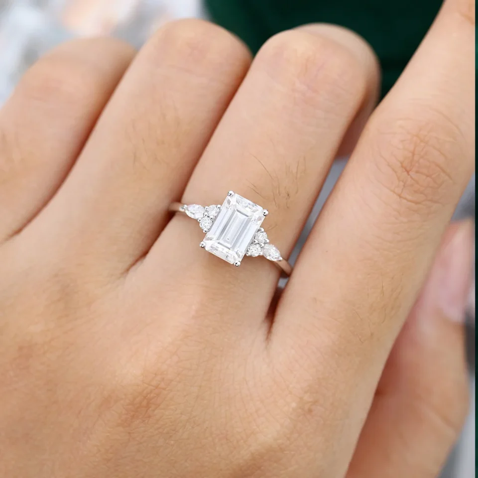 2 Carat Emerald Cut Moissanite Engagement Ring with Classic Side Stones.0