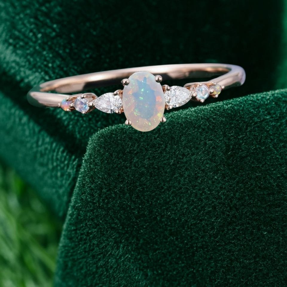 Asteria – Oval Faceted Opal Ring with Diamond Trio Accents (6)