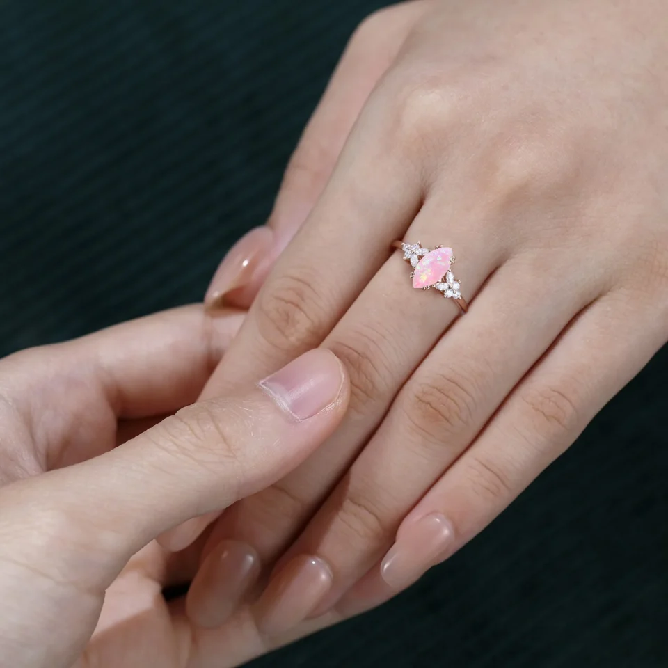 Blossom-Inspired Marquise Pink Opal Promise Ring with Moissanite Details .0