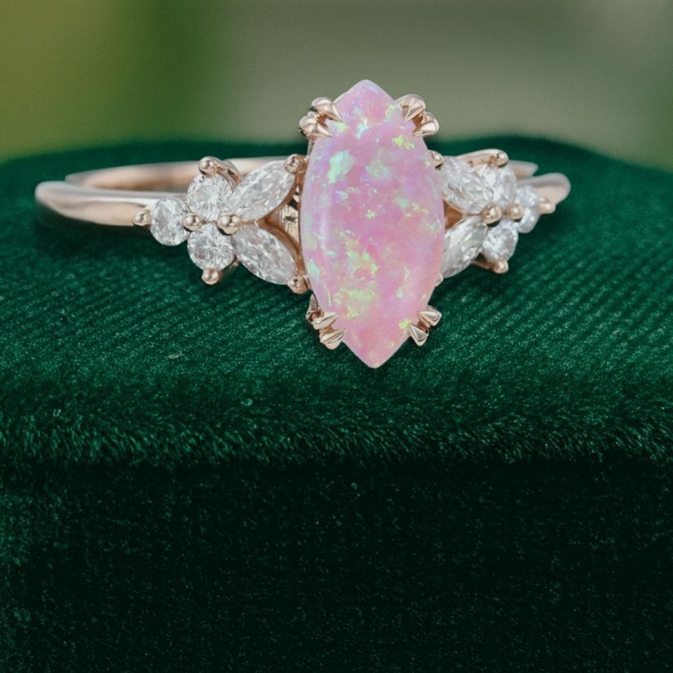Blossom-Inspired Marquise Pink Opal Promise Ring with Moissanite Details (2)
