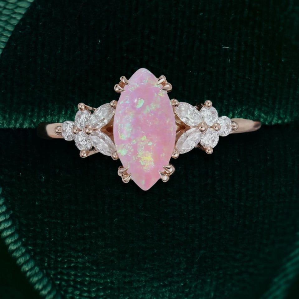 Blossom-Inspired Marquise Pink Opal Promise Ring with Moissanite Details (3)