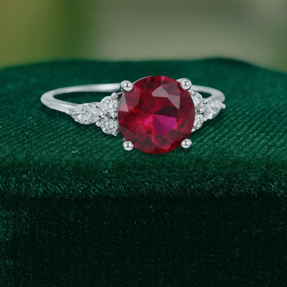 Classic Cluster 2 Carat Round Cut Ruby Engagement Ring (3)
