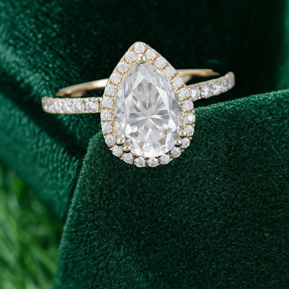 Classic Pear Shaped Moissanite Engagement Ring with Halo and Pavé Accents (1)