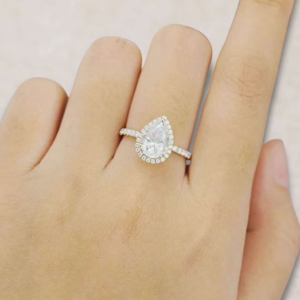 Classic Pear Shaped Moissanite Engagement Ring with Halo and Pavé Accents (2)