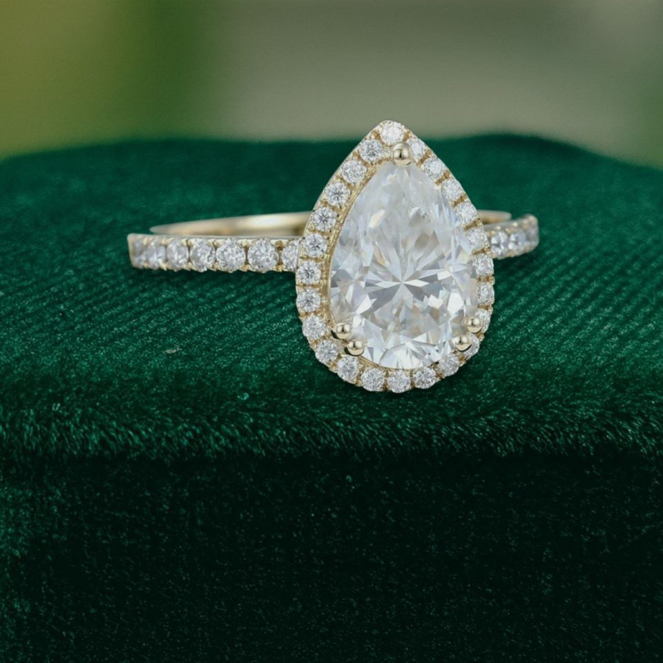 Classic Pear Shaped Moissanite Engagement Ring with Halo and Pavé Accents (4)