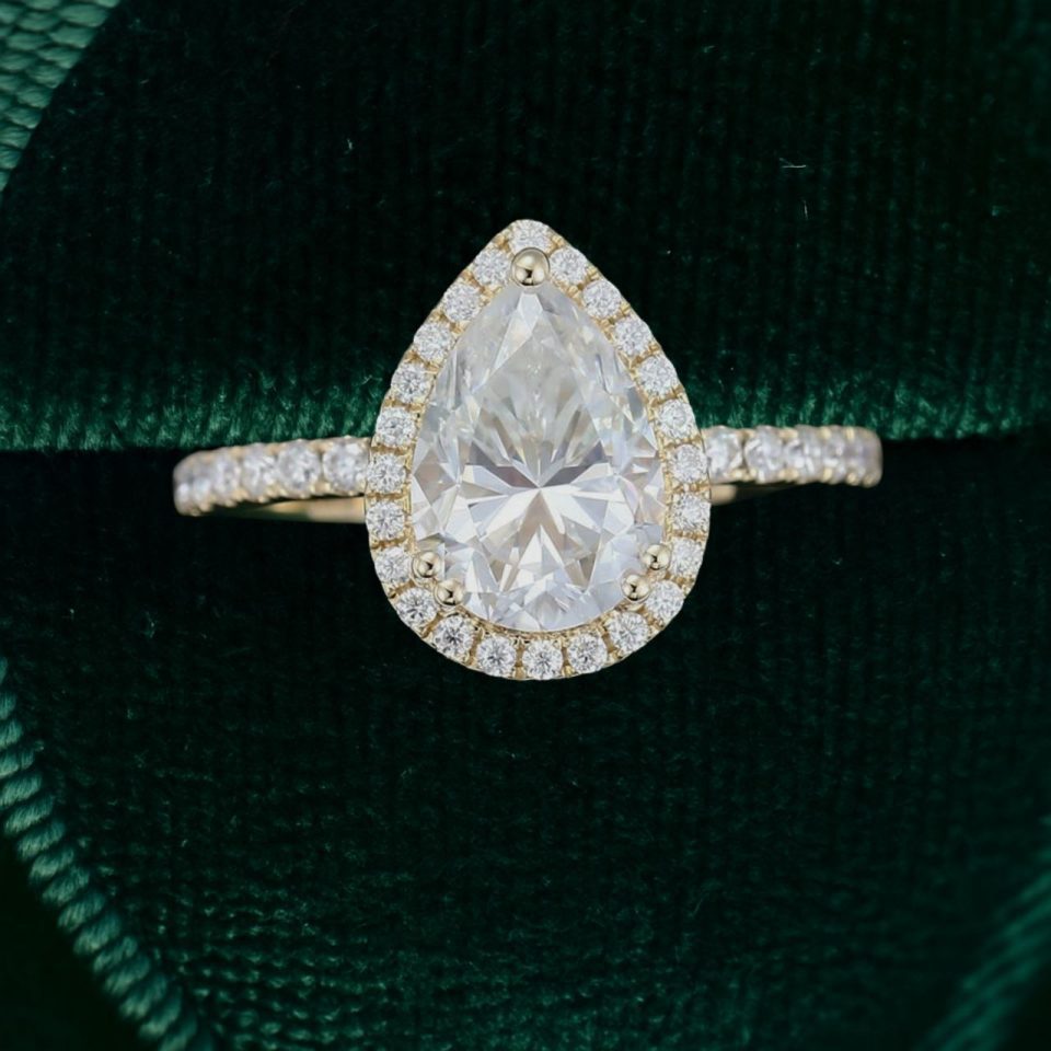Classic Pear Shaped Moissanite Engagement Ring with Halo and Pavé Accents (5)
