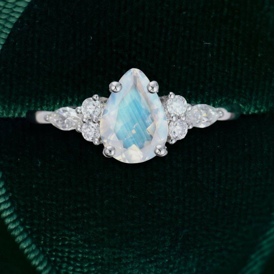 Classic Pear Shaped Moonstone Engagement Ring with Vintage Detailing in 14K White Gold (3)