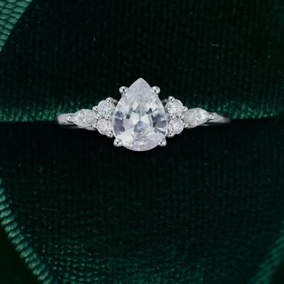 Classic Pear Shaped White Sapphire Ring in White Gold Setting (3)