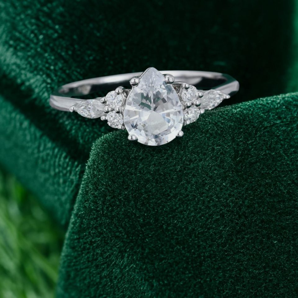 Classic Pear Shaped White Sapphire Ring in White Gold Setting (5)