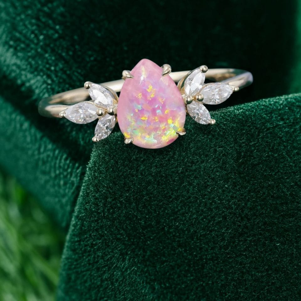 Dainty Pear Shaped Lab Pink Opal Ring – Engagement or Bridal Gift (1)