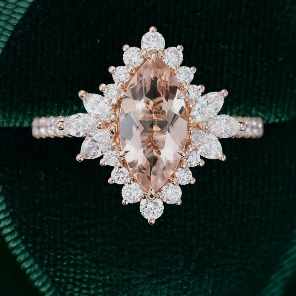 Designer Marquise Cut Morganite Engagement Ring with Hidden Halo Elegance (1)
