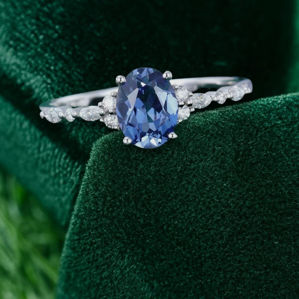 Elegant Cornflower Sapphire and Moissanite Engagement Ring – Oval Cut Design (5)