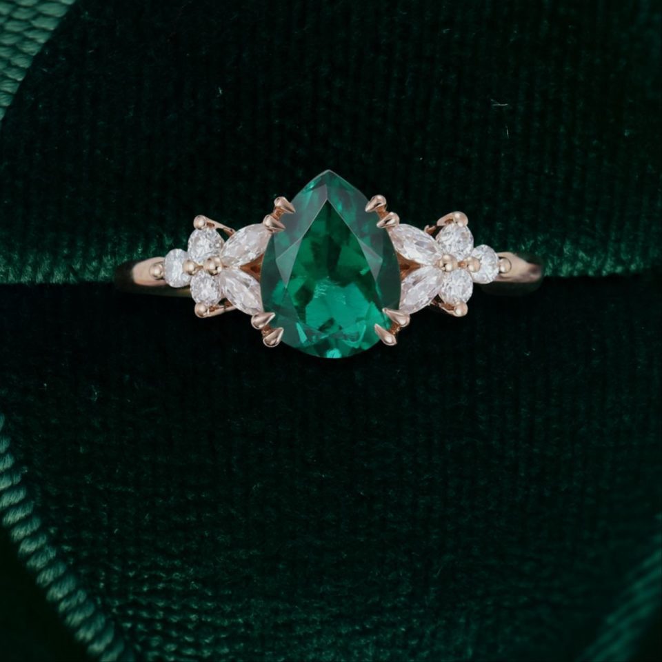 Elegant Pear Emerald Engagement Ring with Diamond Blossom Cluster Detailing (2)