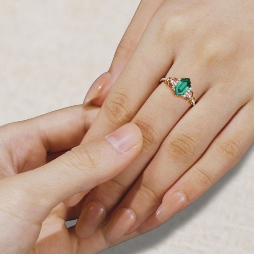 Elongated Hexagon Cut Lab Emerald Infinity Pavé Engagement Ring – Unique Rose Gold Bridal Ring (1)