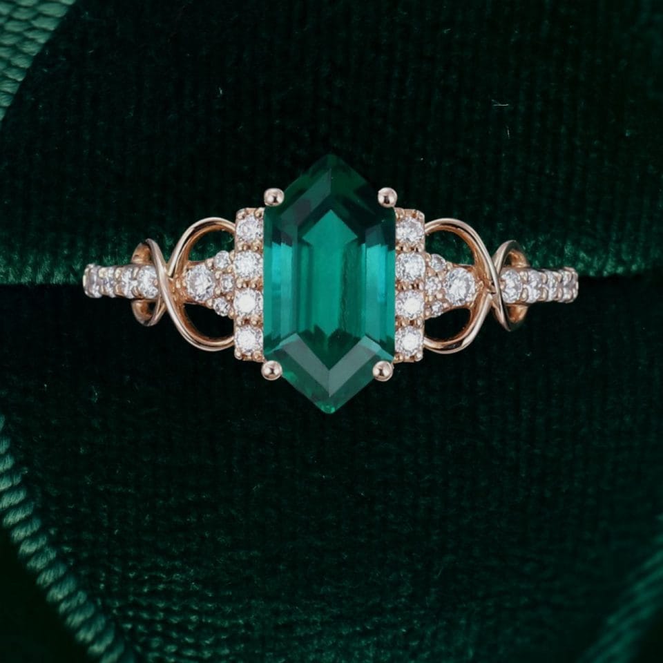 Elongated Hexagon Cut Lab Emerald Infinity Pavé Engagement Ring – Unique Rose Gold Bridal Ring (4)