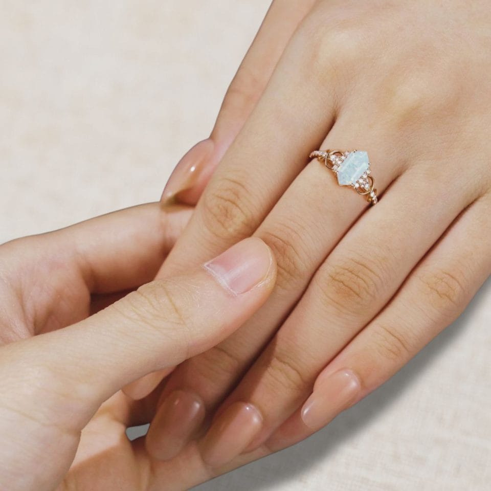 Elongated Hexagon Cut Lab Opal Infinity Pavé Engagement & Promise Ring (1)