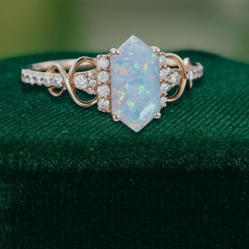 Elongated Hexagon Cut Lab Opal Infinity Pavé Engagement & Promise Ring (3)