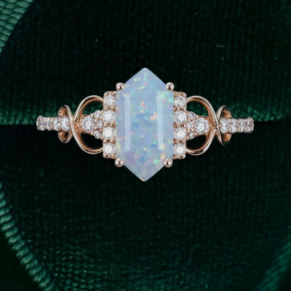 Elongated Hexagon Cut Lab Opal Infinity Pavé Engagement & Promise Ring (4)