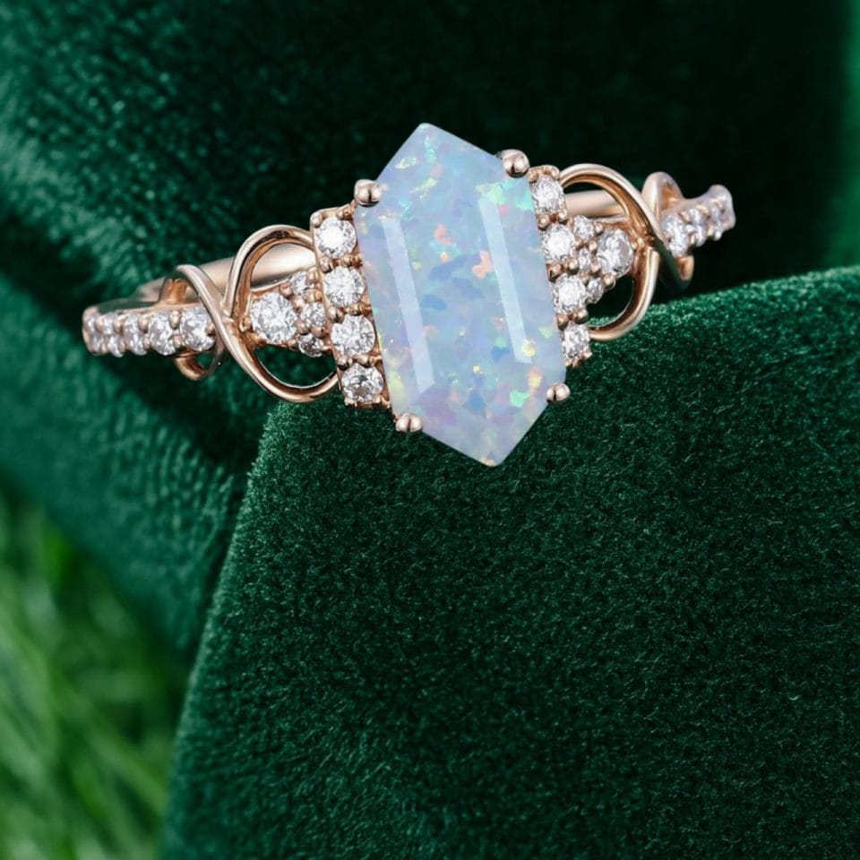 Elongated Hexagon Cut Lab Opal Infinity Pavé Engagement & Promise Ring (6)
