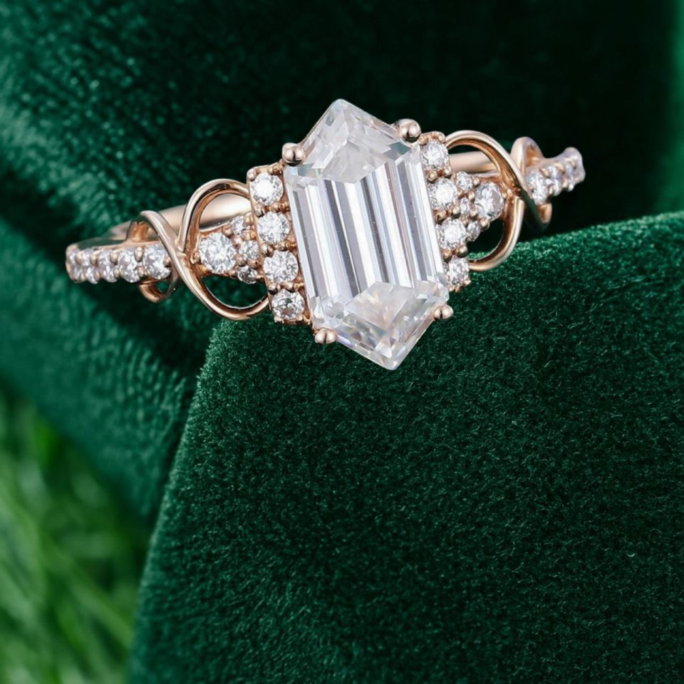 Elongated Hexagon Cut Moissanite Infinity Pavé Engagement Ring – Unique Rose Gold Bridal Ring (6)