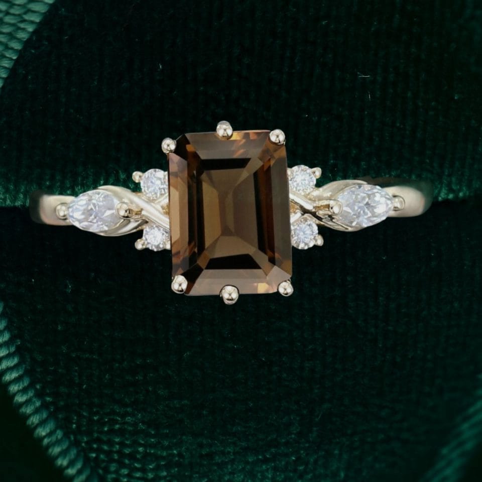 Emerald Cut Smoky Quartz Cluster Engagement Ring – Unique Birthday Gift for Her (5)