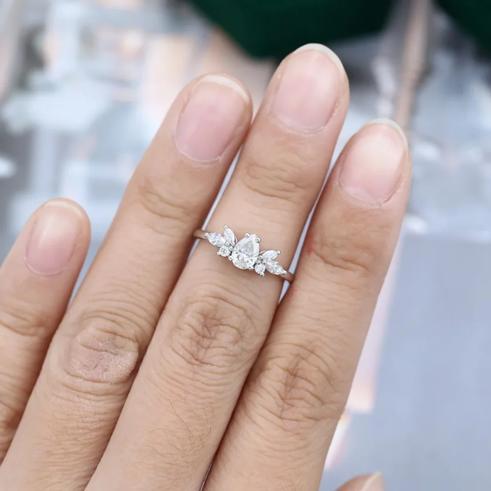 Exquisite Pear Cut Moissanite Cluster Ring – Engagement or Gift.0