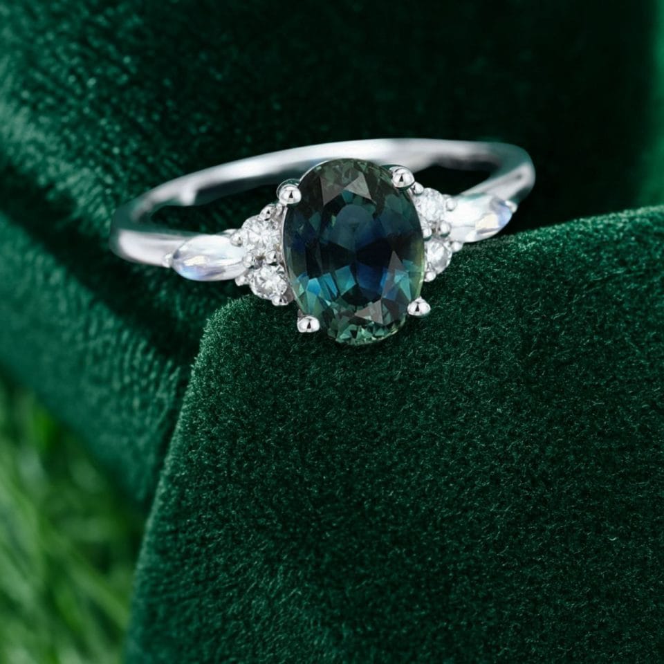 Green Blue Sapphire Engagement Ring with Moonstone Highlights (1)